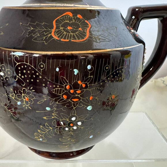 1940 - 1950's Vintage Japanese Moriage Teapot Brown Betty Style Glazed Gold Trim - Picture 3 of 14